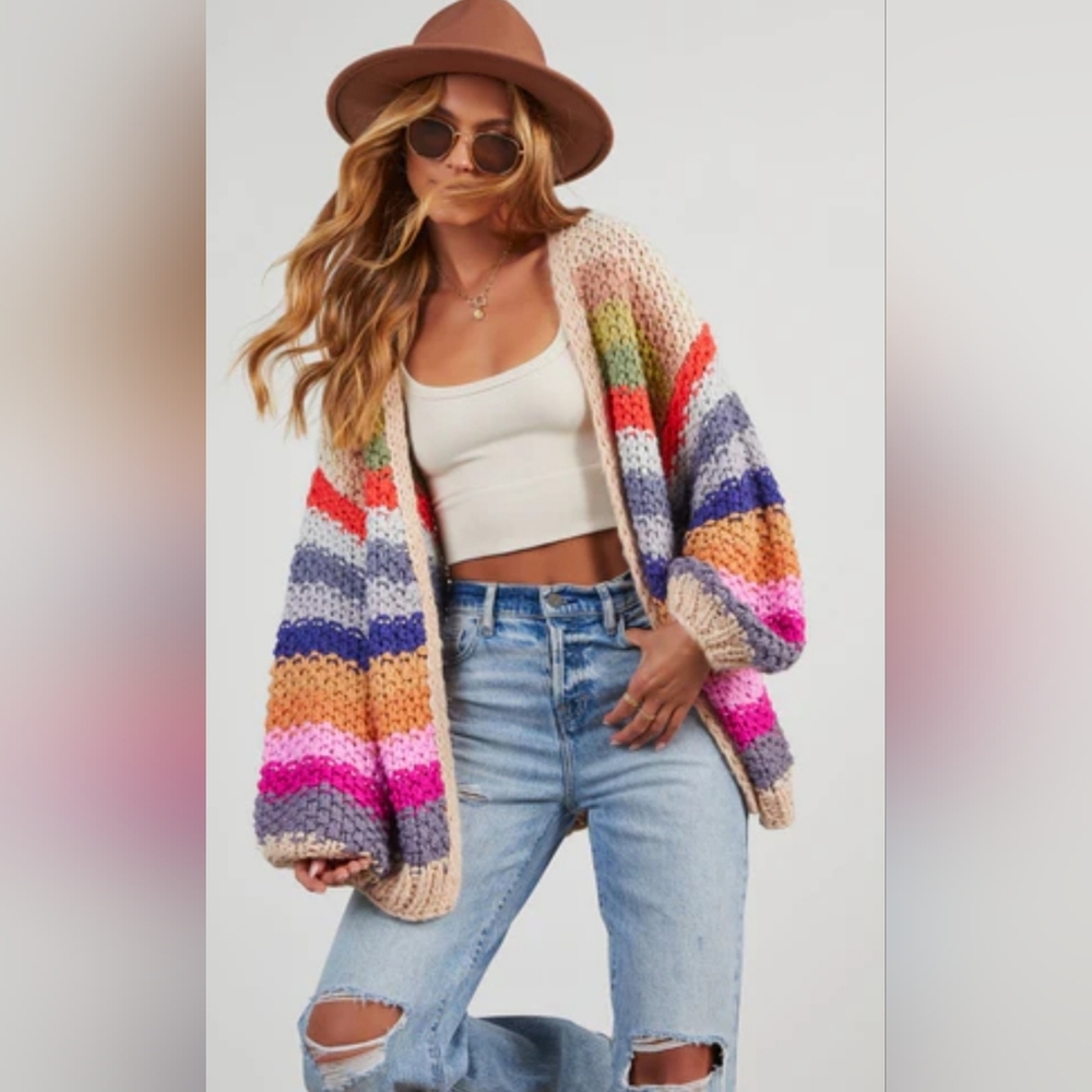 Three Bird Nest Chunky Multi-Color Striped Open Cardigan
